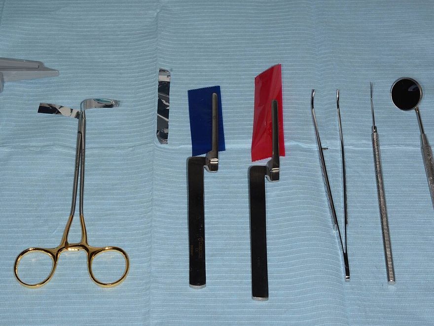 Sterile dental instruments laid out on a tray