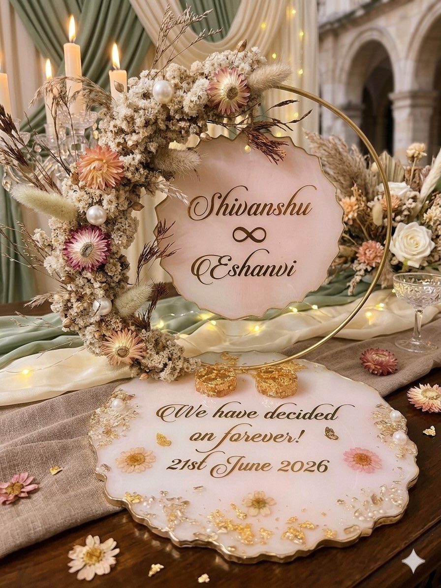 Two blush pink resin plates with gold lettering, hung from a gold hoop dressed with dried flowers
