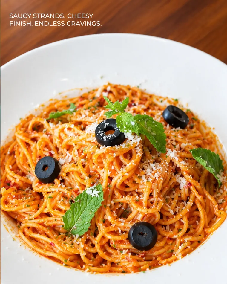Close-up of spaghetti with olives, parmesan and mint
