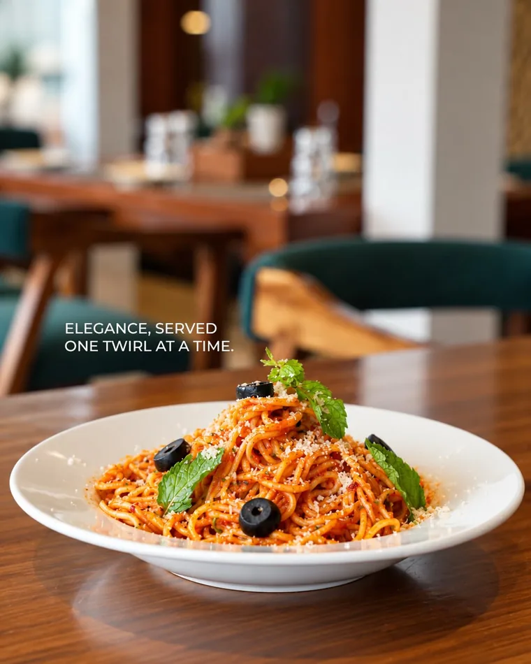 A bowl of spaghetti arrabbiata on a walnut table, the dining room behind it