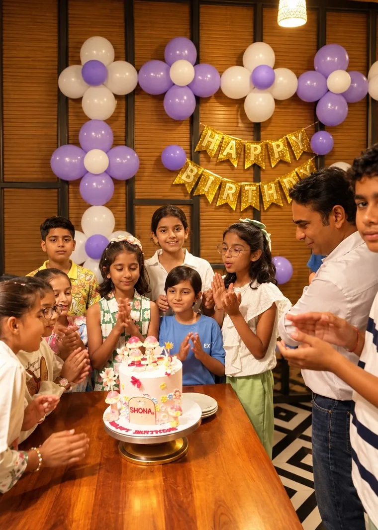 Children clapping around a birthday cake at a long wooden table at Vaishali Veg Inn