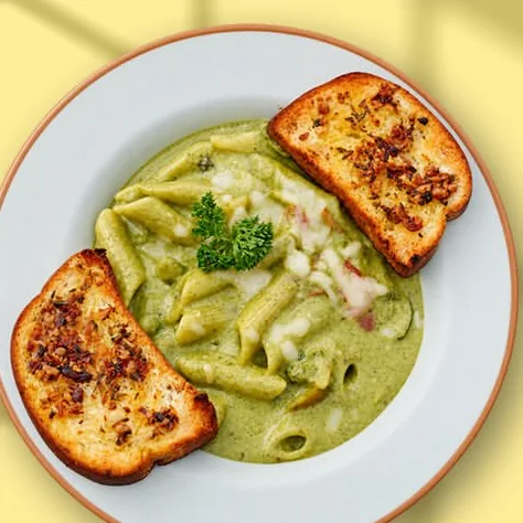 Penne in pesto cream with two slices of garlic bread